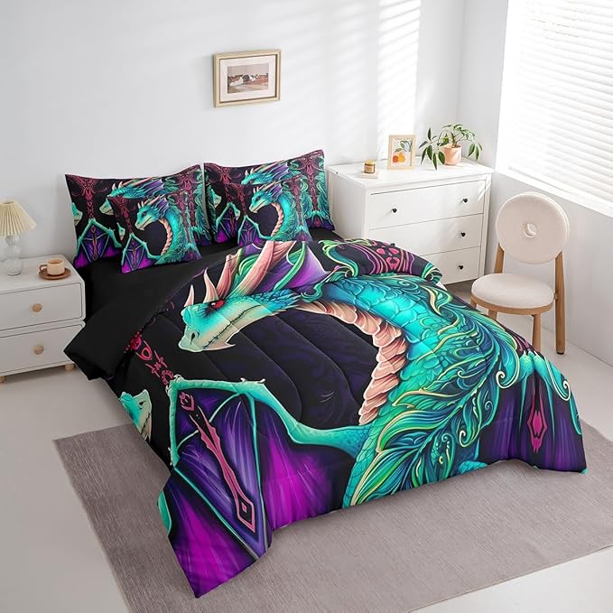Erosebridal 3D Dragon Bed in a Bag Queen Comforter Set 7 Piece,Vintage Gothic Gothic Green Dragon Bedding Sets Antique Wildlife Mythical Animal Sheet Set with Comforter