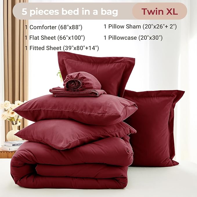 MUXHOMO 5 Pieces Twin XL Comforter Set, Soft Bed in a Bag Twin XL Size, All Season Bedding Set with Comforter, Flat Sheet, Fitted Sheet, Pillowcases & Shams, Burgundy Red