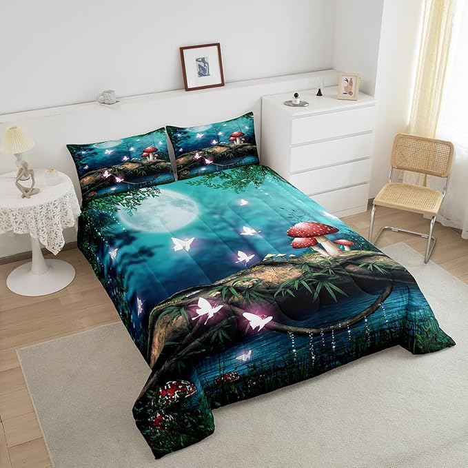 Red Mushroom Comforter Set for Kids,Moon Night Sky Jungle Bedding Sets Teens Cute Room Decor,Magical Butterfly Cartoon Plant Duvet Set Quilt Set Twin 1 Comforter with 1 Pillow Case