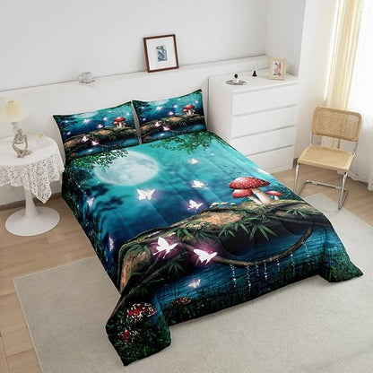 Red Mushroom Comforter Set for Kids,Moon Night Sky Jungle Bedding Sets Teens Cute Room Decor,Magical Butterfly Cartoon Plant Duvet Set Quilt Set Twin 1 Comforter with 1 Pillow Case