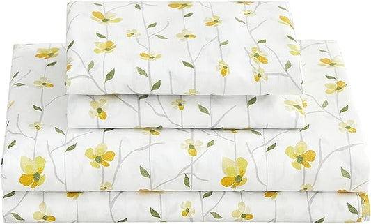 Softan Yellow Floral Sheets for Queen Size Bed Printed Bed Sheets - 4 Piece Soft Microfiber Patterned Fitted Sheets Queen with 15" Deep Pocket and Corner Straps,Cute Flower Sheets & Pillowcase Set