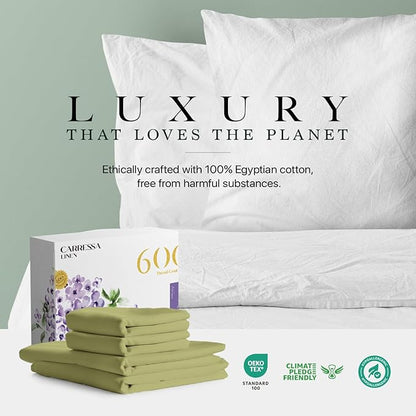 Carressa Linen 100% Egyptian Cotton Full Size Sheets - 600 Thread Count Full Size Egyptian Cotton Sheets (4 PC, Herb Garden), Soft, Cooling, 16" Deep Pocket Sateen Weave Luxury Hotel Bed Sheet Set