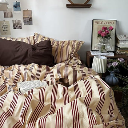 Nayoroom Striped Duvet Cover Full Size Vintage Brown Striped Duvet Cover 3 Pieces 100% Washed Cotton Soft Breathable Girls Dorm Bedding Set for Hot Sleepers