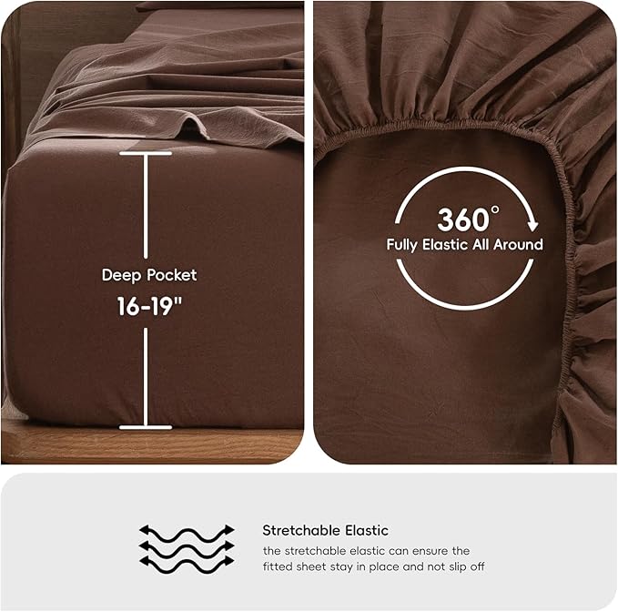 MooMee Bedding Sheet Set 100% Washed Cotton Linen Like Textured Breathable Durable Soft Comfy (Solid Cocoa Brown, California King)