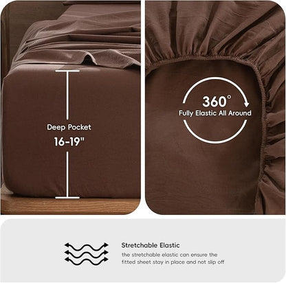 MooMee Bedding Sheet Set 100% Washed Cotton Linen Like Textured Breathable Durable Soft Comfy (Solid Cocoa Brown, California King)