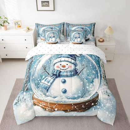 Winter Snowman Comforter Set 7 Pieces,Merry Christmas Theme Bed Set,Snow Botanical Plants Bedding Bed in a Bag Soft,Queen (1 Comforter,2 Pillowcase,2 Pillow Covers,1 Flat Sheet,1 Fitted Sheet)
