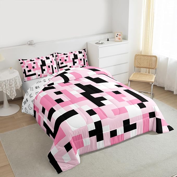 Pixelated Miners Kids Bedding Set Queen Size,Video Games Game Gamepad Comforter Set，Geometric Grid Square Quilt Comforter,Black Pink White Bedroom Duvet Insert,2 Pillowcases