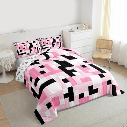 Pixelated MinersComforter Set King Size,Video Games Game Gamepad Kids Bedding Set,Geometric Grid Square Quilt Comforter,Black Pink White Duvet Insert,2 Pillowcases