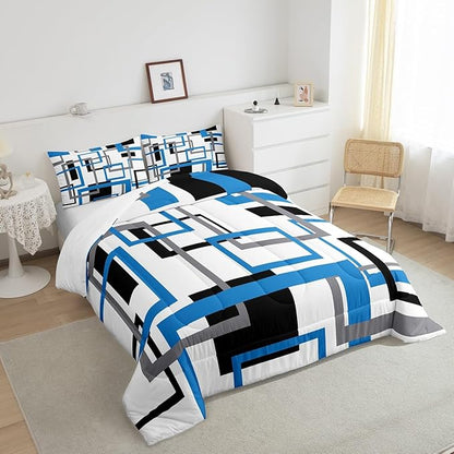 Erosebridal Blue Black White Grey Comforter Sets for Adult,Geometric Bedding Set Full Size,Colorful Square Quilt Set,3D Abstract Grid Duvet Insert with 2 Pillowcases Home Room Decor