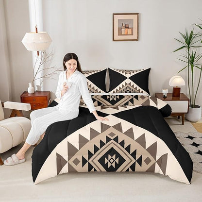Erosebridal Black Beige Abstract Queen Comforter Set for Adult Women Men Modern Boho Western Aztec Bedding Set Geometric Stripes Bed Set Minimalist Stylish Art Southwestern Quilt Set