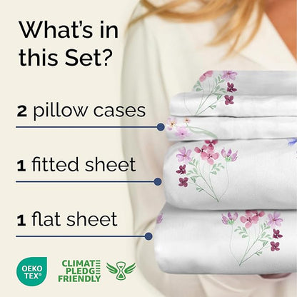 Floral Sheets - Butterfly Floral Bed Sheet Set - 1 Flat, 1 Fitted & 2 Pillowcases w/ Deep Pockets - Comfy, Wrinkle & Fade Free - Boho Botanical Bedding - Soft, Breathable and Cooling - Full Size Set