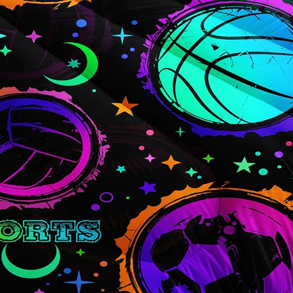 Ball Games Bedding Basketball Football Baseball Queen Comforter Set,Colorful Neon Stars and Moon Bedding Set for Kids Girls Boys Room Decor,Sports Aesthetic Bedding Sets with 2 Pillowcases.