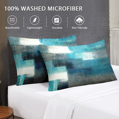 Queen Size Comforter Set with 2 Pillowcases, Painting Contemporary Teal Turquoise Grey Soft 3 Pcs Bedding for Kids and Adults Bedroom Bed Decor