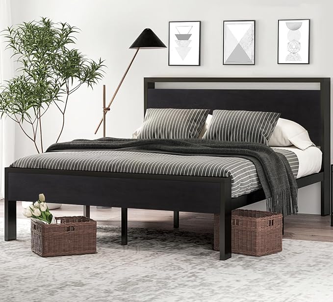 SHA CERLIN Full Size Bed Frame, Wooden Headboard and Footboard, Black Oak | Rounded Corners, 12 Metal Slats, Noise-Free Design, 12-Inch Storage, No Box Spring, 40-Minute Assembly