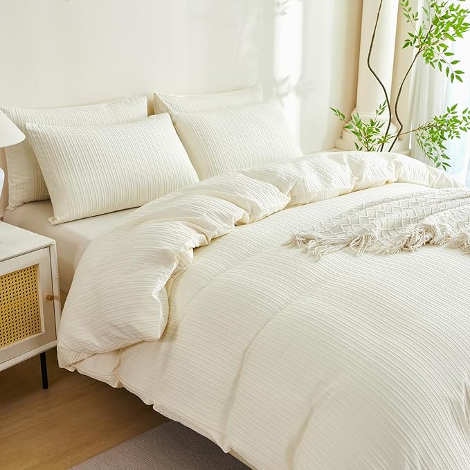 Comforter Set Queen Size Striped Soft Luxury Washed Microfiber Jacquard 3 Pieces Bedding, White Beige Vertical Ticking Stripes Comforter with 2 Pillowcases Breathable Durable Comfy