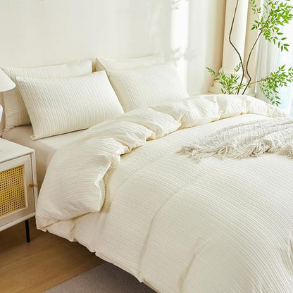 Comforter King Set Beige Striped Soft Luxury Washed Microfiber Jacquard 3 Pieces Bedding Set, Beige Vertical Ticking Stripes Comforter with 2 Pillowcases Breathable Durable Comfy