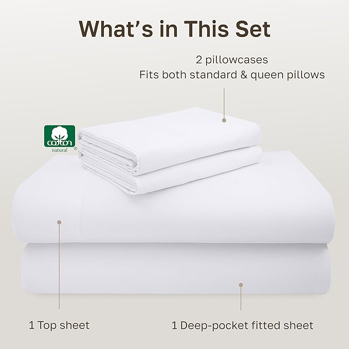 California Design Den Full Size Bed Sheets Set - Luxury 600 Thread Count 100% Cotton Sateen, Deep Pockets with All Around Elastic for a Snug Fit, Durable Bedding Set - White