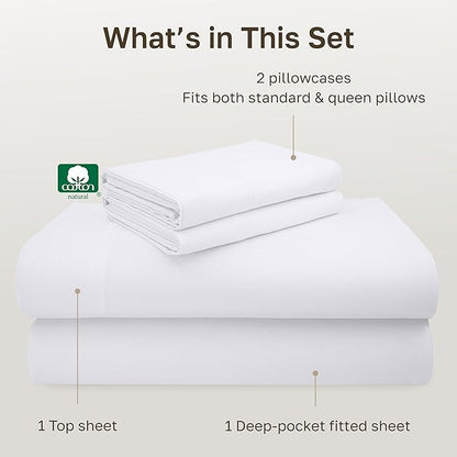 California Design Den Full Size Bed Sheets Set - Luxury 600 Thread Count 100% Cotton Sateen, Deep Pockets with All Around Elastic for a Snug Fit, Durable Bedding Set - White