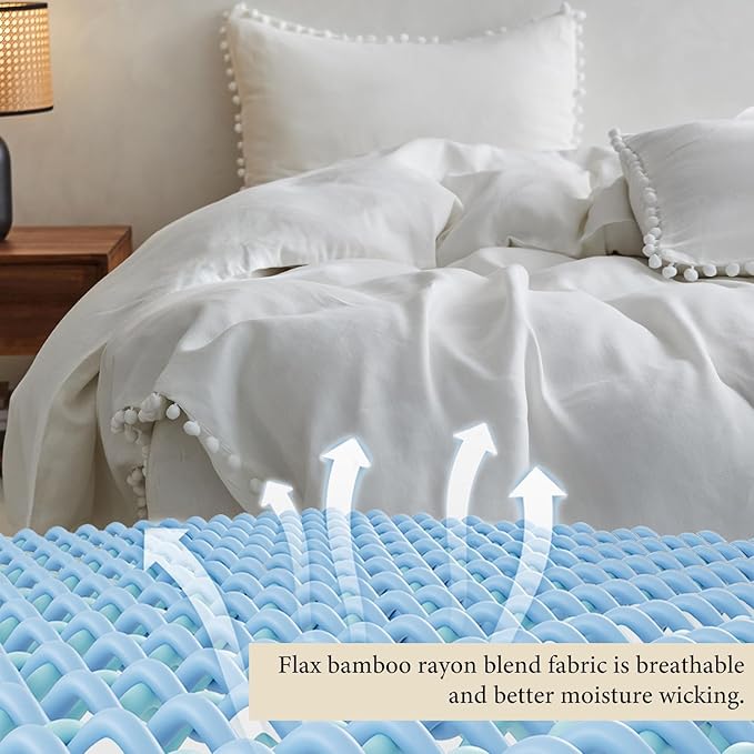 Simple&Opulence French Linen Blended Duvet Cover King, Flax Viscose Derived from Bamboo Bedding Set with Pom Pom Trim Soft Cooling for Hot Sleepers, 1 Boho Comforter Cover and 2 Pillow Shams, White