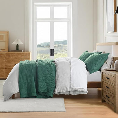 HORIMOTE HOME 100% Cotton Quilt Set Queen Size, Dark Green Pre-Washed Bedspreads Coverlet Set in Geometric Pattern, Cozy Lightweight Stitching Decorative Bedding Cover with 2 Shams for All Season