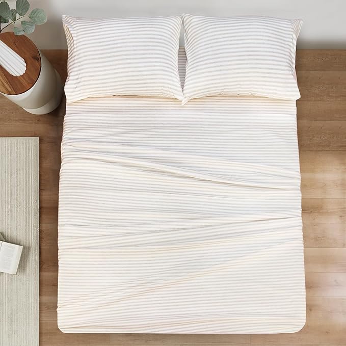 Mejoroom Striped Full Size Sheets - 1800TC Luxury Full Sheets with 16 Inch Deep Pocket - Premium Bedding Collection - Extra Soft, Breathable, Wrinkle, Fade & Stain Resistant - 4 Piece (Beige Stripe)