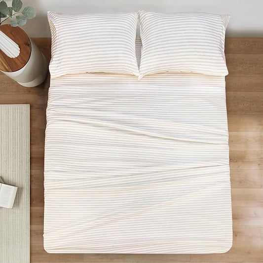 Mejoroom Striped Full Size Sheets - 1800TC Luxury Full Sheets with 16 Inch Deep Pocket - Premium Bedding Collection - Extra Soft, Breathable, Wrinkle, Fade & Stain Resistant - 4 Piece (Beige Stripe)