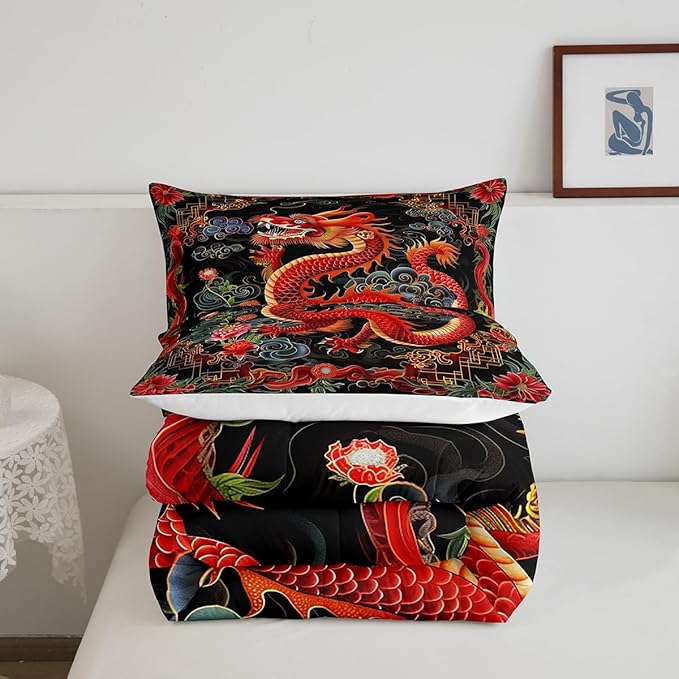 Castle Fairy Chinese Loong 3 Pcs Queen Size Comforter Set,Exotic Chinese Style Down Alternative Adults Bedroom Decor,Watercolor Flowers Ultra Soft Microfiber Inner Fill 3Pcs Bedding