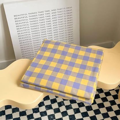 MKXI Purple & Yellow Plaid Duvet Cover Set - 3 Piece Washed Cotton Reversible Bedding King Soft Vintage Checkered Design with Zipper Closure & Corner Ties