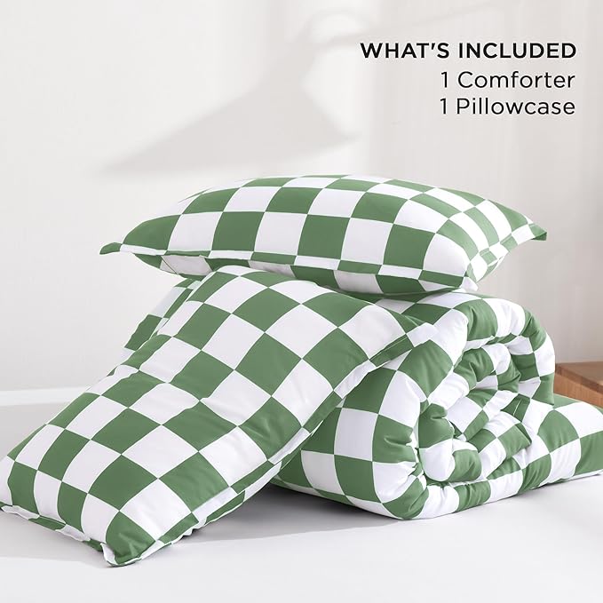 Andency Green Checkered Comforter Twin(66x90Inch), Plaid Gingham Buffalo Grid Bedding Comforter Sets for Boys Kids Teens, 2 Pieces Lightweight Polyester Geometric Preppy Bed Set