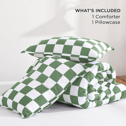 Andency Green Checkered Comforter Twin(66x90Inch), Plaid Gingham Buffalo Grid Bedding Comforter Sets for Boys Kids Teens, 2 Pieces Lightweight Polyester Geometric Preppy Bed Set