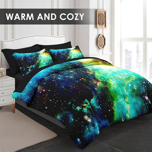 Comforter Set King Size, Outer Space Star Bedding for Kids and Adults, Galaxy Planets Bed Sheet Sets with Fitted Sheet 2 Pillowcases & 2 Shams for Bedroom Bed Decor