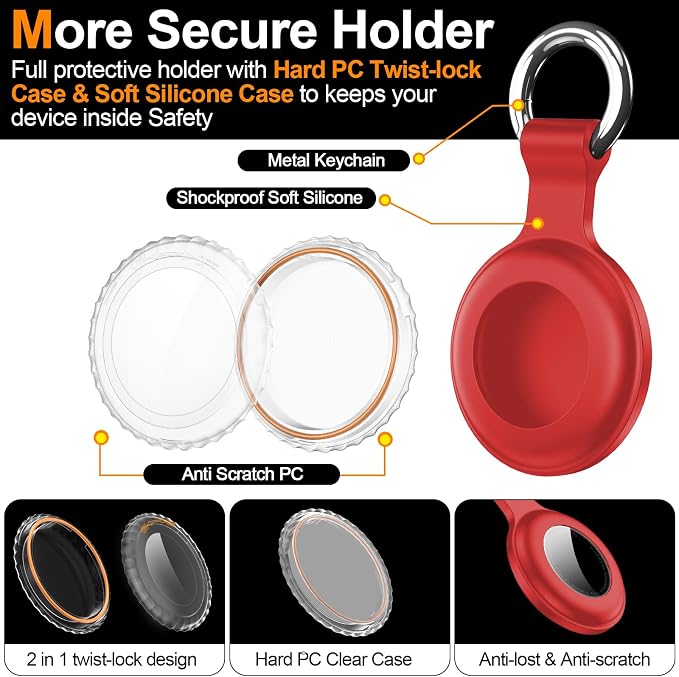 1|2|4Pack for Apple AirTag Holder with Keychain for Air Tag 2nd/1st Gen | Waterproof Air Tag Cover GPS Tracker Anti-Scratch Silicone Air-Tag Case for Pets,Kids,Luggages-Black+Black+Blue+Red