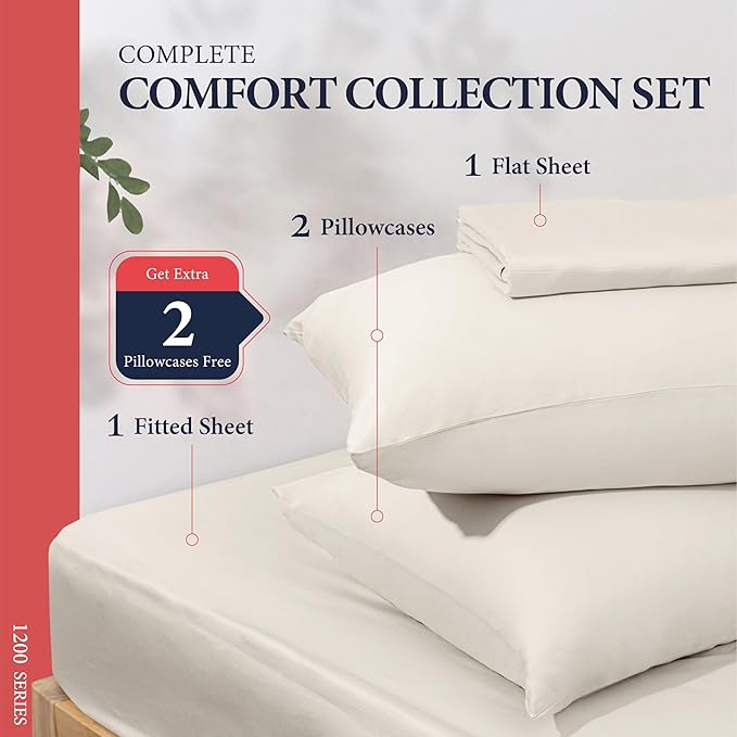 Ashton Sheets 100% Egyptian Cotton Sheets King Size - 1200 Thread Count King Size Sheets Set Egyptian Cotton, 4 PC Luxury Bedsheet (Ivory), Soft, Cooling, 17" Deep Pocket Sateen Weave Bedsheet Set