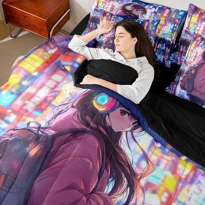 Erosebridal Cool Anime Girl Bedding Set Japanese Style Kids Full Comforter Set 7 Piece 3D Cartoon Girly Anime Bed in A Bag Sci Fi Style Gaming Sheet Set with Comforter Room Decor