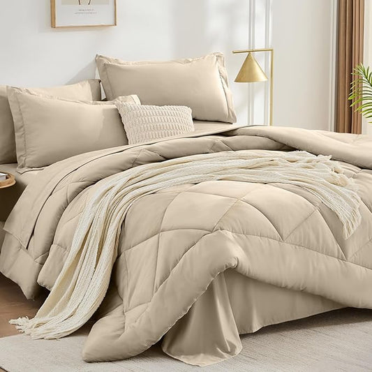 FUANNA 7 Pieces California King Size Comforter Set, All Season Bed in a Bag Cal King Size, Luxury Soft Bedding Sets with Comforter, Flat Sheet, Fitted Sheet, Pillowcases & Pillow Shams, Oatmeal
