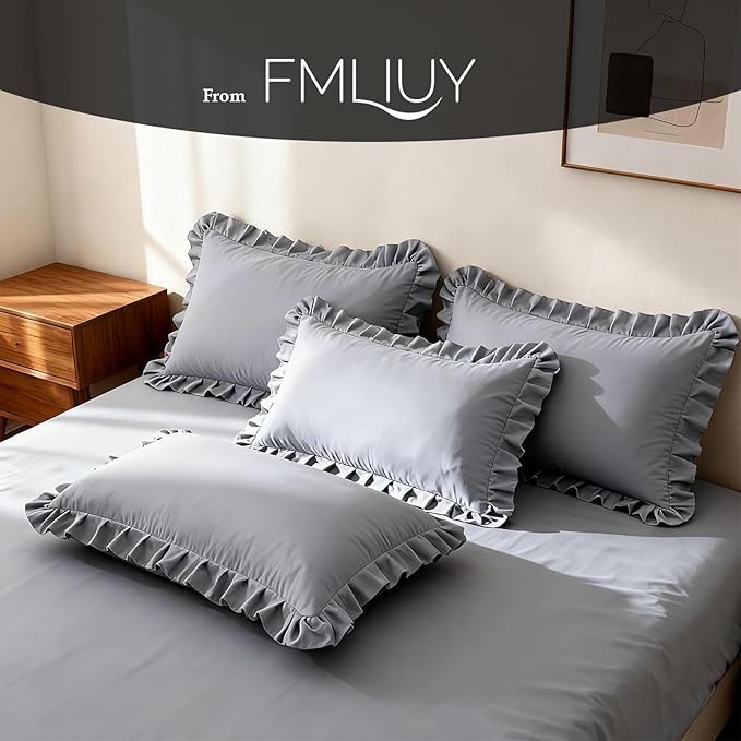 Ruffle Pillow Cases King Size Set of 2 – Soft Wrinkle Resistant Brushed Microfiber Ruffled Pillowcases –Envelope Pillow Shams Cover Festive Gift for Hotels, Guest Rooms 20x36 Inch (Silver Gray)