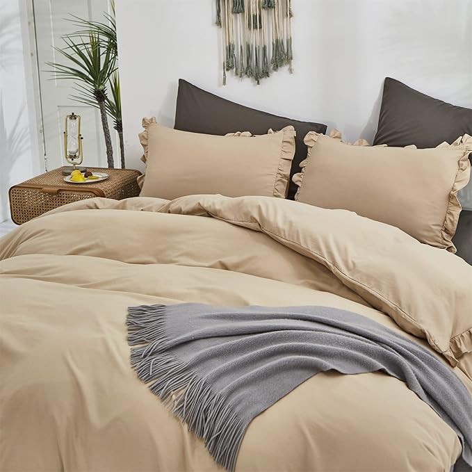 CLOTHKNOW Taupe Ruffle Queen Comforter Set Champagne Bedding Comforter Sets Soft Shabby Chic Farmhouse Comforter with 2 x Pillow Cases