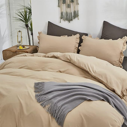 CLOTHKNOW Taupe Ruffle Queen Comforter Set Champagne Bedding Comforter Sets Soft Shabby Chic Farmhouse Comforter with 2 x Pillow Cases