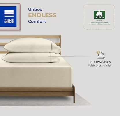 THREAD SPREAD 100% Cotton King Size Pillow Cases Set of 2 - Luxury 400 Thread Count Pillow Cases King Size (Ivory), Soft Cooling Breathable & Durable Sateen Weave Hotel Quality Cotton Pillowcases