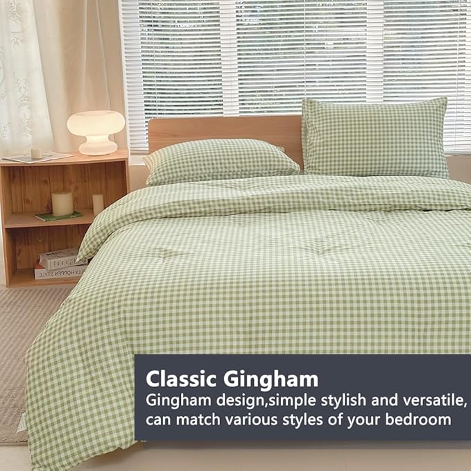 NSNLGSGC Twin Comforter Set, Sage Green Gingham Bedding Sets, Green Grid Bed Comforter 2 Pieces (1 Comforter, 1 Pillowcase)