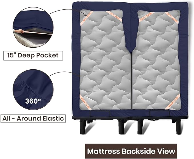 SGI Bedding Adjustable Split Head Flex Top Cal King 32" Microfiber Sheet Set – Ultra Soft, Cooling & Deep Pocket 15” Fitted, 4-Piece Breathable & Durable Bedding Set for Split Cal King Beds -Navy Blue