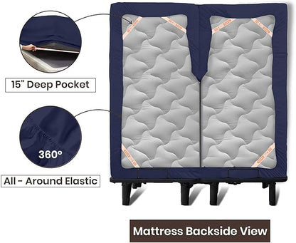 SGI bedding Adjustable Split Head Flex Top Queen 34" Microfiber Sheet Set – Ultra Soft, Cooling & Deep Pocket 15” Fitted, 4-Piece Breathable & Durable Bedding Set for Split Queen Beds -Navy Blue