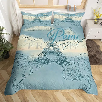 Castle Fairy Eiffel Tower Bedding Set Retro Paris Style Duvet Cover Set Vintage Cityscape Comforter Cover Boys Girls Landmark Bedspread Cover Bedroom Quilt Cover King with 2 Pillowcase,No Comforter