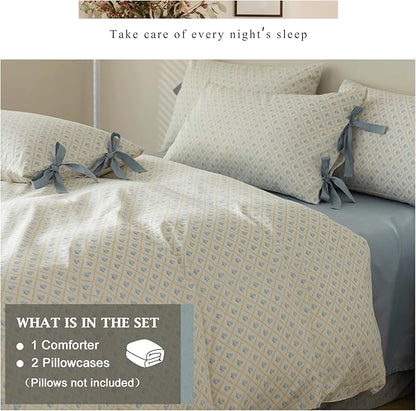 VM VOUGEMARKET Full Comforter Set Blue Flower Down Comforter with 2 Bowknot Pillowcases Blue White Plaid Prints Modern Farmhouse Bedding Set for All Season Bed in a Bag 80x90 Inch
