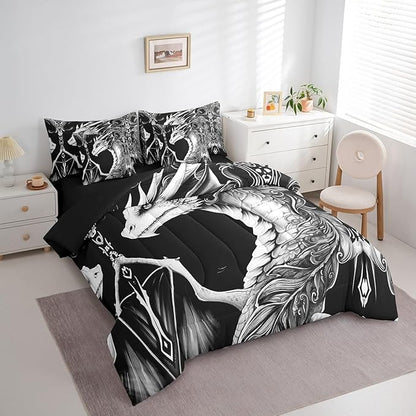 Erosebridal 3D Dragon 7 Piece Comforter Set Full Bed in a Bag,Vintage Gothic Black and White Dragon Bedding Sets Antique Wildlife Mythical Animal Sheet Set with Comforter