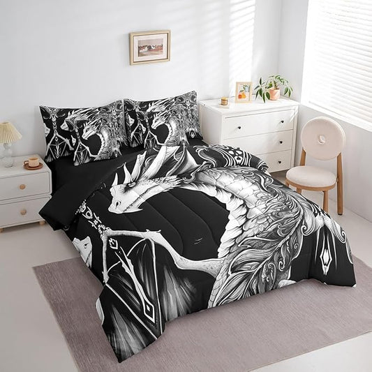 Erosebridal 3D Dragon Bed in a Bag King Size Comforter Set 7 Pieces,Vintage Gothic Black and White Dragon Bedding Sets Antique Wildlife Mythical Animal Sheet Set with Comforter