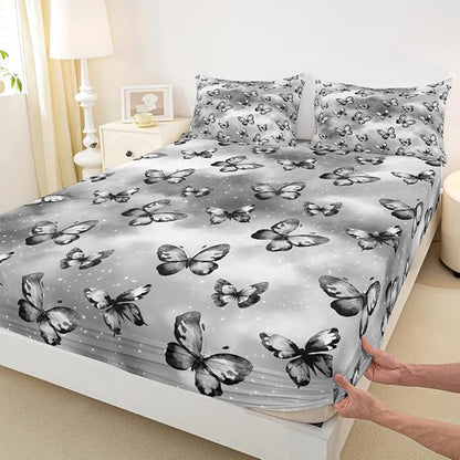 Erosebridal Butterfly Fitted Sheet for Boys Girls Kids Dreamy Coquette Queen Bed Sheets,Watercolor Gradient Grey Butterfly Sheets Galaxy Stars Print Bedding Sets, No Top Sheet