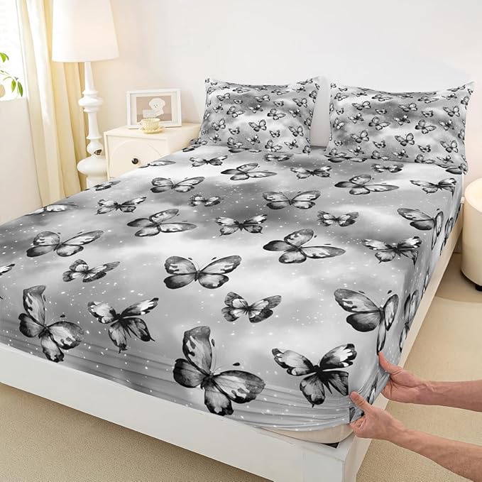 Erosebridal Butterfly Fitted Sheet for Boys Girls Kids Dreamy Coquette Twin Bed Sheets,Watercolor Gradient Grey Butterfly Sheets Galaxy Stars Print Bedding Sets, No Top Sheet