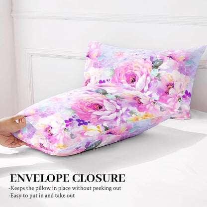 YIYEA Pillow Cases Queen Size Set of 4, Ultra Soft 1800TC Hotel Quality Double Brushed Microfiber Embroidered Pillowcases and Floral Pillow Covers, Envelope Closure, Fade Resistant (20"x30")