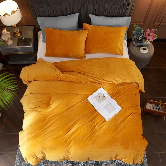 Ivellow Velvet Flannel Duvet Cover King Size Gold Comforter Cover Set Ultra Soft Breathable Cozy Velour Solid Luxury Bedding Set Zipper Closure Corner Ties